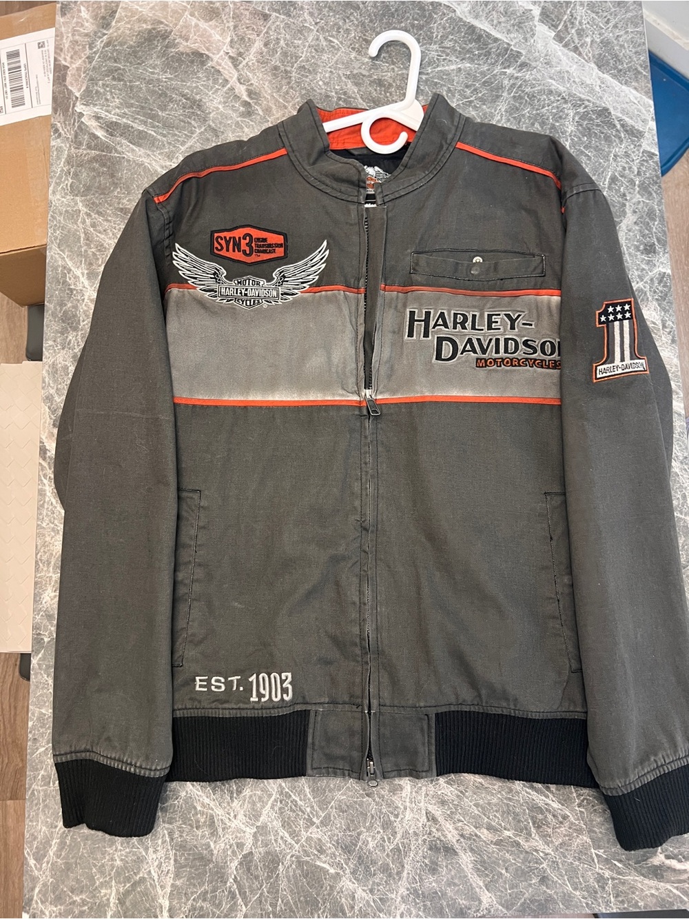 Harley-Davidson Black & Gray Men's Zip Bomber Jacket with Orange Trim size Large